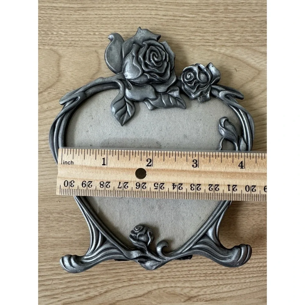 Ornate Silver Tone Heart Picture Frame Raised Roses Victorian Floral Tabletop